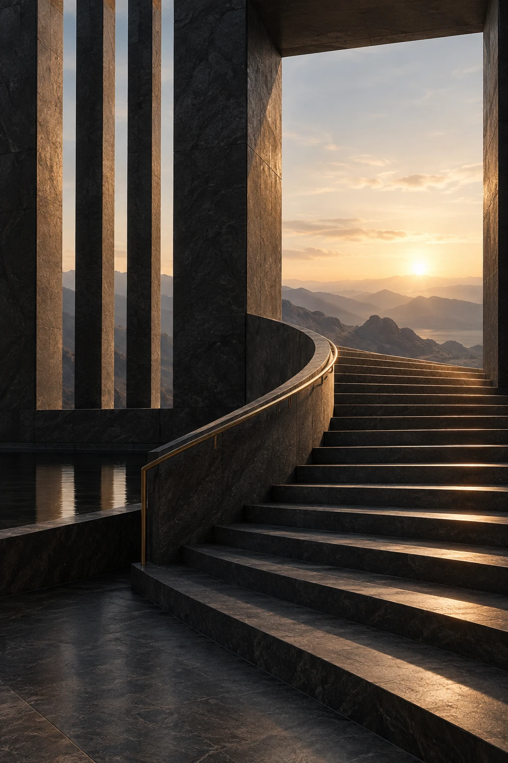 A curved stair between stone pillars opens onto a sunlit mountain horizon